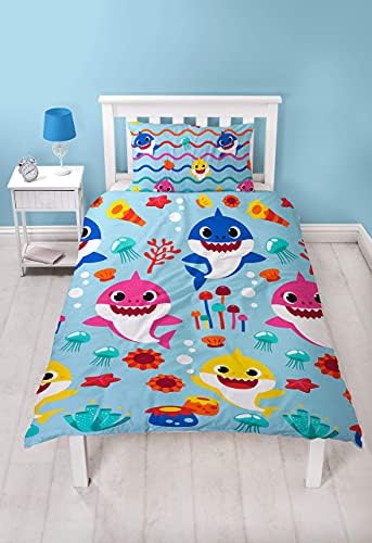 Baby Shark Song Single Family Design Reversible Two Sided Rainbow Design Blue Official Bedding Duvet Cover With Matching Pillow Case