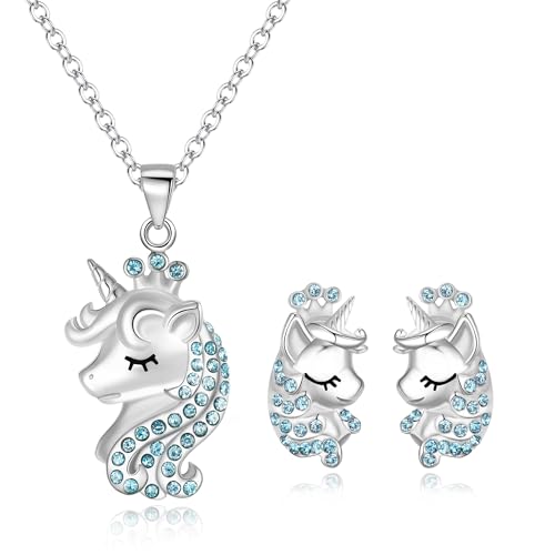 Juego de joyas de unicornio Crysdue en plata 925 hipoalergénica para niñas