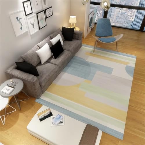 Alfombra infantil lavable 100x200cm rectangular con diseño geométrico de rayas azul y amarillo 2