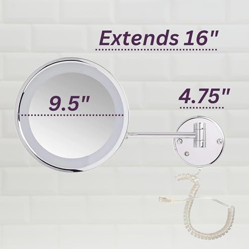 JERDON Lighted Makeup Mirror - Corded Wall Mount Magnifying Mirror with LED Lights - Polished Chrome Finish - 9.5-Inch Diameter - Model HL1016CL