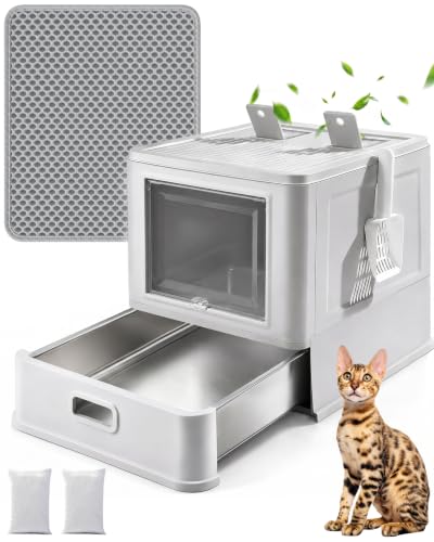 LEEJARD Edelstahl Katzenklo mit Deckel - Verbessertes Anti-Leck-Design | Geschlossene Katzentoilette mit Schublade,Geruchsneutral, Rostfrei, inkl. Schaufel und Matte, Ideal für Wohnungen