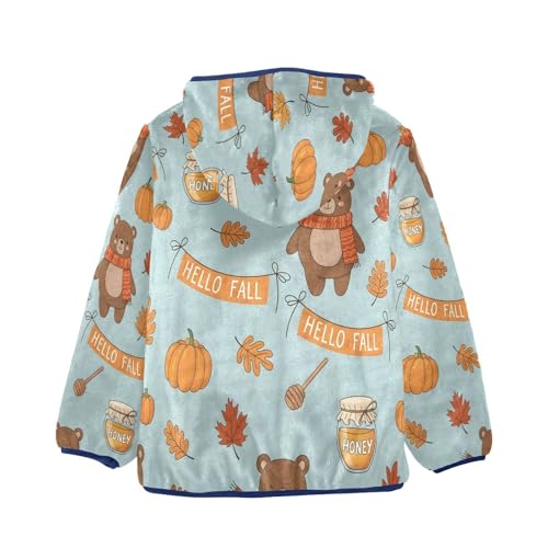 Hello Fall Bears Pumpkins Leaves Toddler Fleece Jacket Girl Boys Hooded Fleece Jacket Coat Warm Outwear Zip-up 3-10T2