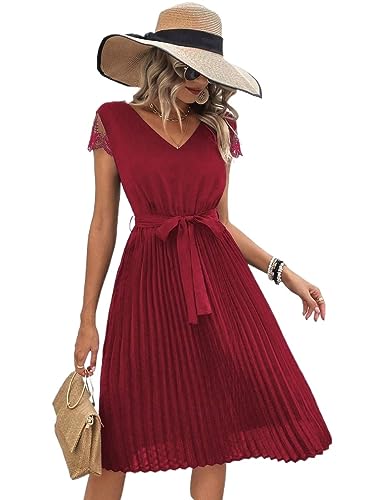 JIpoon Camisa De Mujer Contrast Lace Pleated Hem Dress (Color : Burgundy, Size : L)