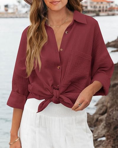 Image of NOLLSOM Casual Shirts for Women Long Sleeve Button Down Blouses Fall 2026 Solid Color Trendy Tops with Pocket