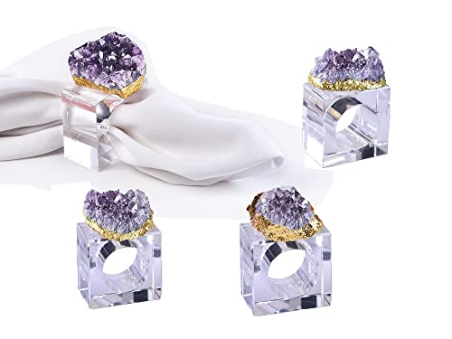 AMOYSTONE 4PCS Amethyst Cluster Napkin Rings Acrylic Holder with Gold Foil for Weddings Partie Table DÃ©cor 2.5", Irregular