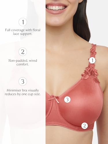 Image of Triumph International Minimizer Women Bra Wired Non Padded High Support Big Cup Lingerie Visual Bust Reduction Comfort Bra Floral Lace Full Coverage Shapewear Wide Straps & U-Back Support Pack of 1