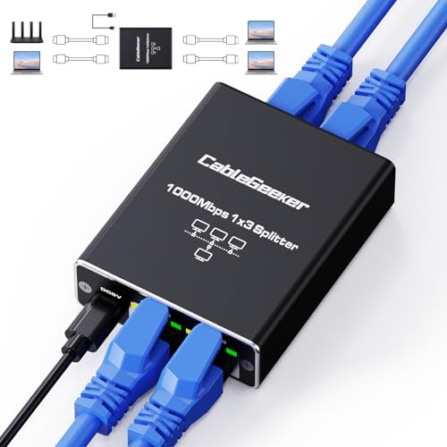 CableGeeker Ethernet Splitter 1 to 3, Upgrade 1000Mbps High Speed Ethernet Cable Splitter[3 Devices Simultaneous Networking], RJ45 LAN Network Extension with USB Power Cable for Cat8/7/6 Cable