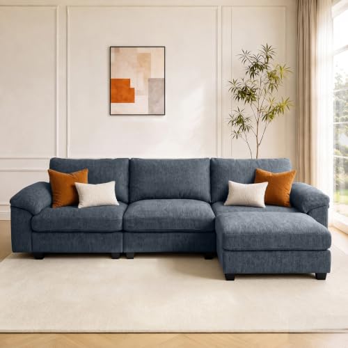 Image of Sectional Couches for Living Room, 109 inch L Shaped Cloud Sofa & Couch | Upholstered Armres, 22 inch Seat Depth, Movable Ottoman, Comfy Chenille, Easy Assembly, Blue