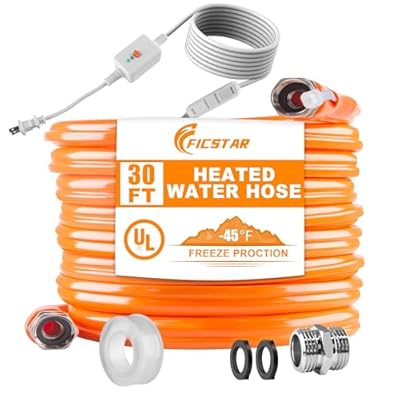 Ficstar 30FT Heated Water Hose for RV, Heated Drinking Water Hose Antifreeze to -45°F, 5/8" I.D. with 3/4" GHT Adapter, Lead and BPA Free,No Odor