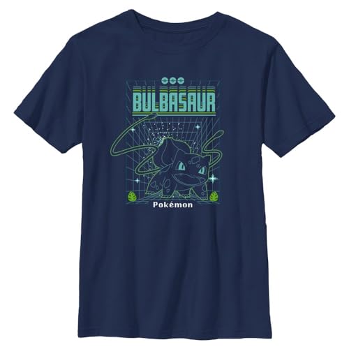 Pokemon Boys Bulbasaur Grid Short Sleeve Tee Shirt, Navy, Youth Medium