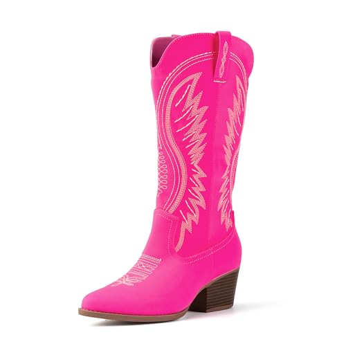 Image of Women's Western Cowboy Boots - Embroidered Ankle Booties with Chunky Block Heel, Side Zipper Suede Cowgirl Boots for Country Concert