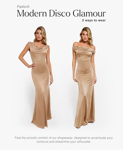 Image of Popilush Shapewear Maxi Dress Sleeveless Long Formal Dresses | Built-In Bra, Stretch Satin Fabric, Light Tummy Control, Garden Wedding Cocktail Summer Party Dress