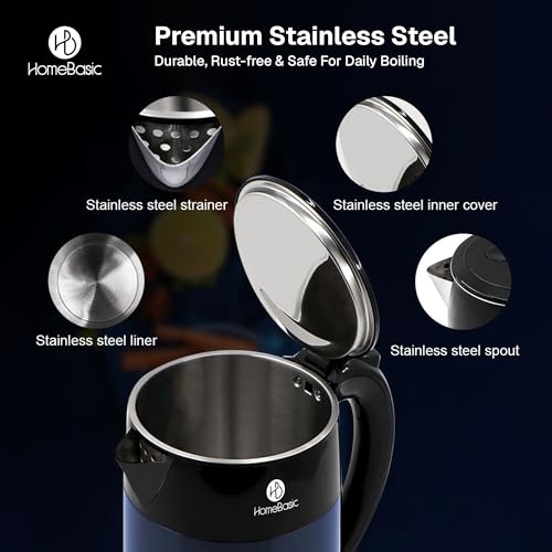 Image of HOMEBASIC Electric Kettle, 1.7L, Rapid Boil, Cool Touch Exterior, Auto Shut-Off, Overheat Protection, 360 Rotating Base, Lock Lid, Built-in Mesh Filter, Hot Water Kettle for Making Black Tea & Coffee