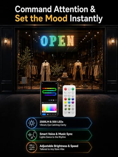 Image of 32 inchx10 inch LED Open Sign for Business - Smart App & Remote Control, Timer, Custom Colors & Brightness - High Visibility for Storefronts, Restaurants, Bars, Salons, Cafes