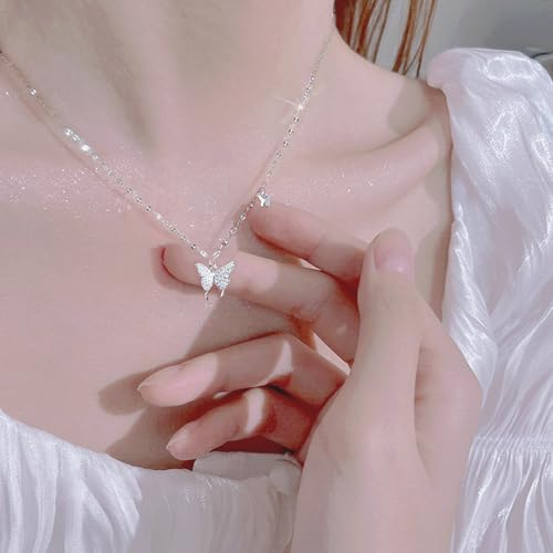 Butterfly Necklace for Women, 925 Sterling Silver Dainty Double Butterfly Pendant Necklace with Cubic Zirconia, Cute Choker Necklaces Jewelry Gifts for Women Mom Friends Grandma2