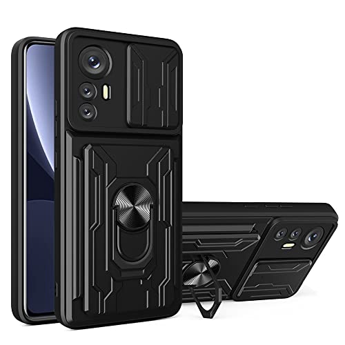 CCSmall Heavy Duty Protection Case for Xiaomi 12 Pro (Not 12), Magnetic Ring Kickstand Slide Camera with Card Holder Phone Cover for Xiaomi 12 Pro LJK Black