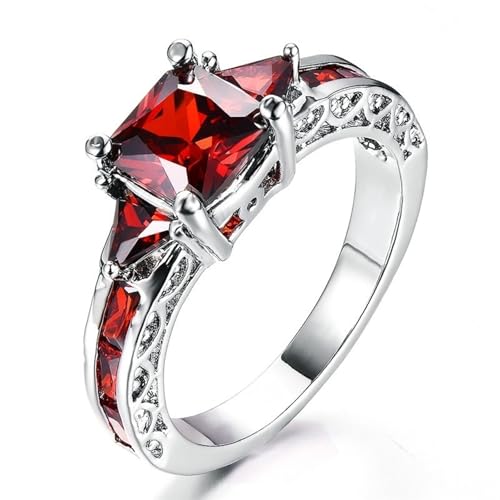 925 Sterling Silver Princess Cut Simulated Ruby Ring for Women - Stackable Engagement Wedding Band, Anniversary Promise Jewelry Gift