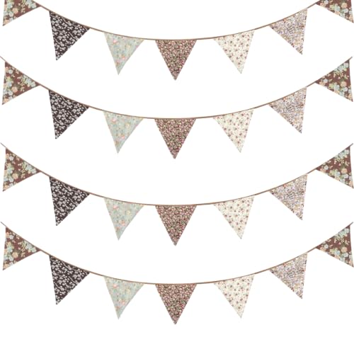 Image of Zwiebeco 32Ft Coffee Brown Fabric Floral Pennant Banner Bunting Cotton Flowers Triangle Flags Party Decorations for Birthday Wedding Engagement Bridal Baby Shower Rustic Village Sweet Garden Decor
