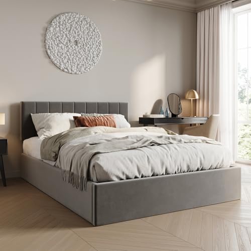 Home Collective Cama tapizada de 160 x 200 cm con espacio de almacenamiento y somier, cama doble con cajón hidráulico, cama acolchada, marco de cama estable, 200 x 160 cm, terciopelo gris oscuro