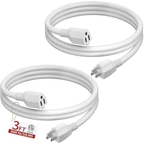 Image of 16 /3 Short Extension Cord 3 FT 2 Pack, White Extension Cord Flexible & Durable, Indoor 3 Prong Power Cable, Suitable for Home and Office, 13 Amp 1625 Watt 125VAC 16AWG, ETL Listed