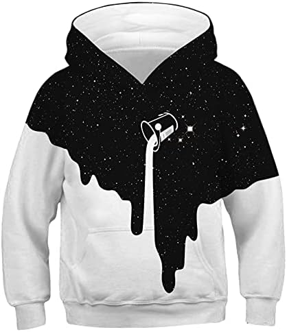 ALUWU Boys Girls Hoodies Kids 3D Print Pullover Sweatshirts With Pocket Cool Funny Long Sleeve Hooded Cute Graphic Comfy Black White Milk Hoody for Teens Size 5-6T