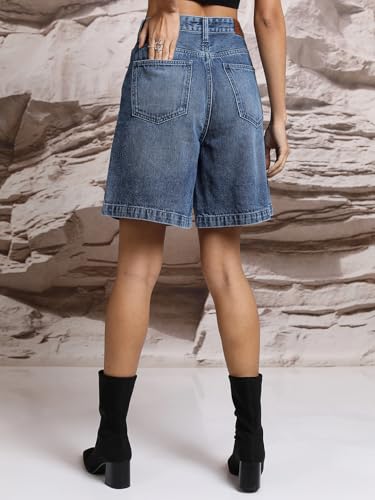 Image of Tokyo Talkies Women Blue High Rise Cotton Denim Shorts