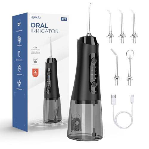Lyinda Irrigador Bucal Portátil, 320ML Profesional Water Flosser, 4 Modos 5 Boquillas Irrigador Eléctrico Oral, Recargable USB-C, IPX7 Impermeable Irrigador Dental, Hogar y Viaje, Negro