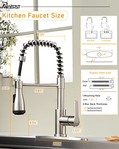 Phasat Pull Out Kitchen Faucet With 4 Function Sprayer High Arc Spring Kitchen Sink Faucet Single Handle Mixer Tap,Brushed Nickel,Pu1L01 #TOP4
