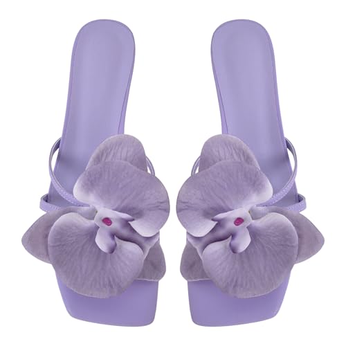 Women's Square Toe Block Mid Heels Floral Slides Sandals2