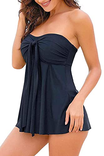NLAND Trajes de baño Tankini para Mujer Dos Piezas Conjunto de Bañador Estampado Volantes Swimsuit con Halter Push Up Top y Bragas para Piscina(Gato Negro,XL)