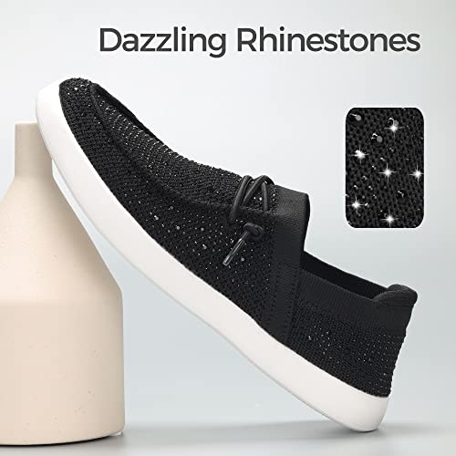 Image of BELOS Women's Rhinestone Lace Up Loafers Shoes Comfortable Slip On Mesh Knit Walking Shoes Fashion Lightweight Sparkly Glitter Sneaker