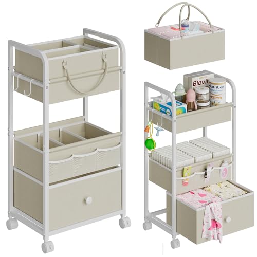 Cidaziya 2In1 Baby Diaper Caddy Organizer and Storage, 3 Tier Rolling Cart with Drawer, Detachable Dividers, Mobile Utility Cart Baby Dresser Clothes Organizer for Crib, Bedroom, Art & Craft Storage