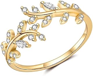 Sterling Silver Rings for Women, 925 Silver Open Adjustable Leaf Ring with Cubic Zirconia Jewelry Gift for Wedding Anniversary Birthday (Silver, Gold, Rose Gold)