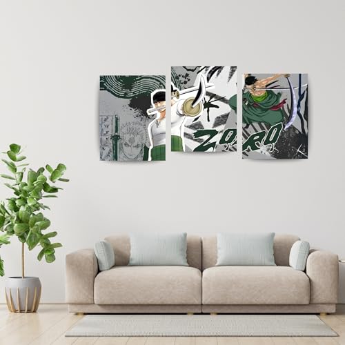 Image of ADRAIL STORE One Piece Anime Manga Poster, Zoro Character Design Wall Poster 3 Panal - A4 Size, 300 GSM, Wall Decor Posters Wall Art For Bedroom, Living room, Office, Dining Room,No Frame (Zoro-3)