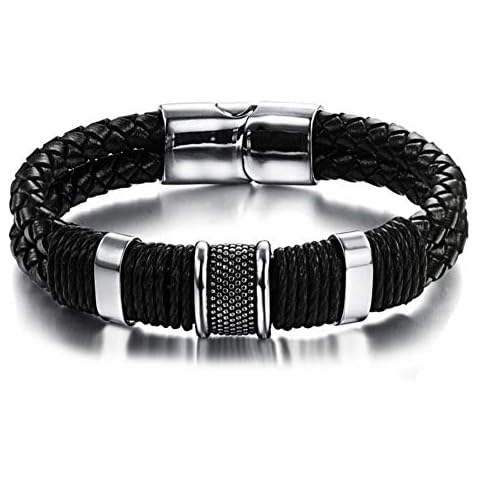 CNNIK Men's Genuine Leather Titanium Bracelet Black 8.66 inch 22cm with Box Magnetic Buckle Braided Bracelet for Boyfriend Husband Father Brothers Cover