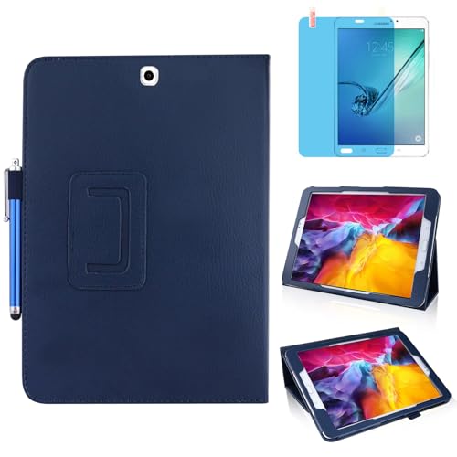 Slim Leather Case for Samsung Galaxy Tab A 9.7 Inch 2015 (SM-T550 T555 P550 P555), Multi-Angle Stand Full-Protective Tablet Cover Book Case with Stylus Pen,Screen Film (Blue)