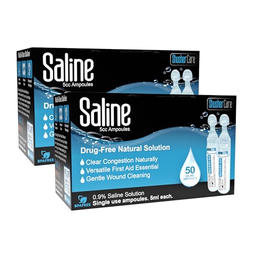 Image of Saline Ampoules Saline Solution, Sodium Chloride 0.9%, 100 Count (5mL Each) | Nasal Cleanse for Babies, Kids, & Adults, Sterile Nasal Care, Wound Cleansing