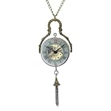 FobTime Bronze Mechanical Skeleton Pocket Watch Hand Winding Steampunk Crystal Ball Roman Numerals