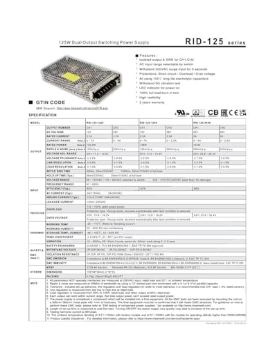 Alimentation RID-125-2405 résout les variations de tension double sortie 125W - 3