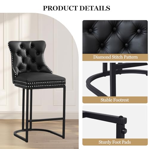 Image of UVV Counter Height Bar Stools Set of 3, 26 inch Modern Barstools with Back, Faux Leather Upholstery Counter Chairs with Metal Legs for Kitchen Island, Bar, Counter, Black