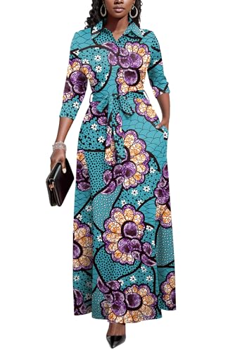 Image of Runwind Women Church Maxi Dresses 3 /4 Sleeve Button Down Print Casual Office Dress African