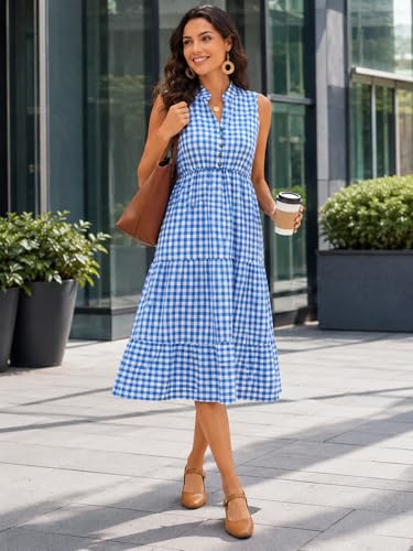 Image of BROVAVE Womens 2026 Summer Sleeveless Shirt Dress Collar Striped V Neck Casual Midi Dresses