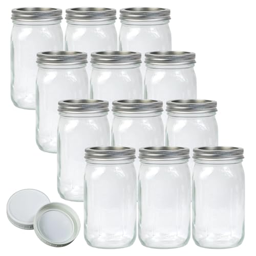 Jumterlee Wide Mouth Mason Jars 32 oz 12Pcs, Canning Jars with Airtight Lids and White Plastic Mason Jar Lids with Silicone Rings for Overnight Oats, Food Storage, Dry Food, Snacks, Candies and More by Jumterlee - Used condition - US$35.14