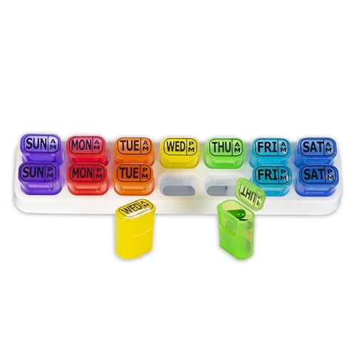 GMS Weekly Pill Organizer - 7 Day AM/PM Pop Out Pill Pods for Supplements, Vitamins & Medications - Ideal for Daily Use & Travel - Rainbow
