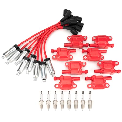 UF413 Square Ignition Coils and Spark Plug Wire Kit - High-Temp Epoxy Engineered for Heavy Towing - 8-Pack Coil 8mm Wires & Gloves Compatible with Chevy Silverado Tahoe GMC Sierra 5.3L 6.0L V8