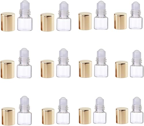 Glass Essential Oil Roller Bottles,12 Pcs Gold 1ml Mini Glass Roll on Bottles Roller Refillable Essential Oil Aromatherapy Sample Vials Container, Refillable Cosmetic Roller Bottles