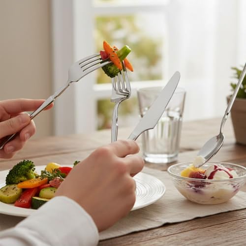 Image of 25 Pcs Silver Cutlery Set for Dining Table the Perfect Lightweight Silim Handle Tableware Including Dinner Spoon, Dinner Fork, Dinner Knife, Dessert Spoon & Dessert Fork