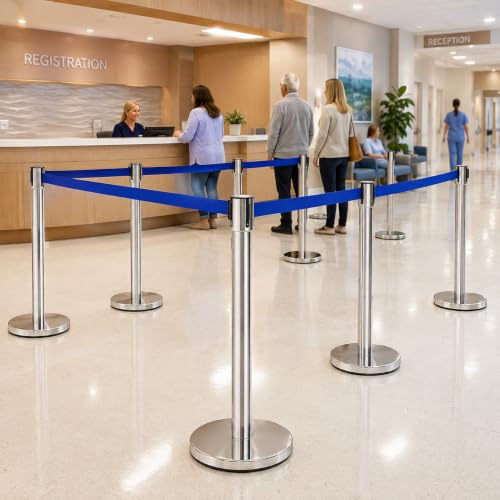 Image of LADWA Q Please (Q Manager), 202 Grade Extendable 2.25 mtr Hook Type Stanchions Barrier Accessories Steel Barricade, Blue Que Manager