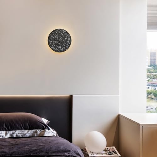 Image of DUHU Round Wall Sconce Black,Cement Wall Lamp Hardwired for Hallway,Minimalist Led Wall Light Flat Design,Modern Sconces Lighting for Bedroom,Living Room,Bathroom,9w 3000k,Warm White,Moon Light Wall