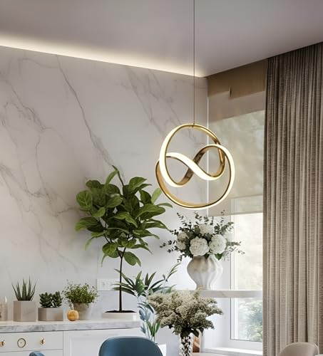 Image of Modern LED Ring Pendant Hanging Light | Luxury Gold Finish Ceiling Lamp for Bedroom, Living Room, Dining Area & Hotel Decor | Contemporary Indoor Decorative Light